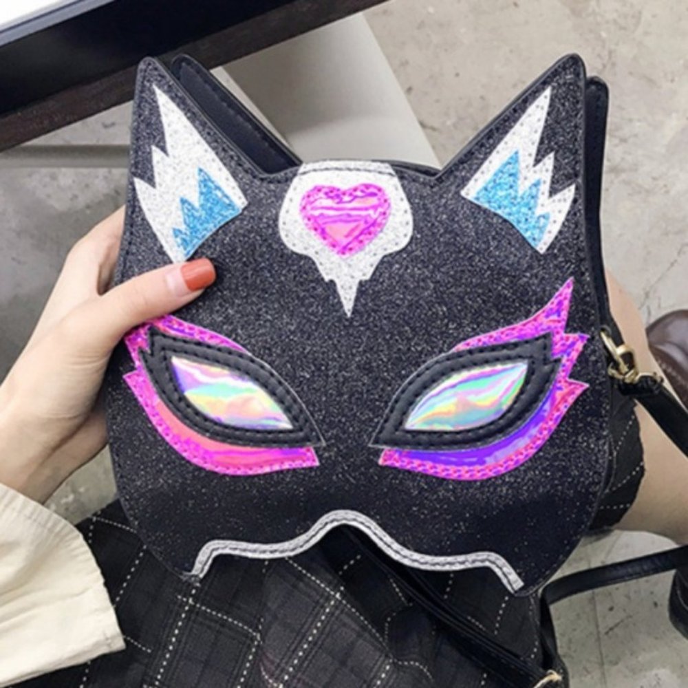 Lucha Libre Cat Mask Glitter Crossbody Handbag - Picture 7 of 8